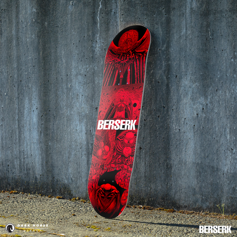 Standard variant red and black skateboard deck with 'Berserk' branding against a concrete wall.