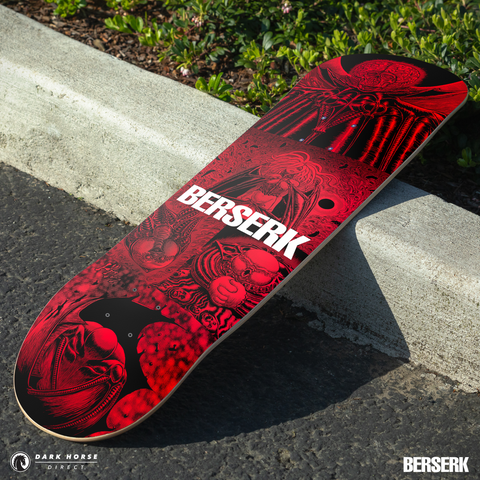 Standard variant skateboard deck with red and black design and 'Berserk' branding on a concrete surface.