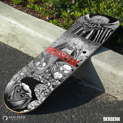 Skateboard deck with 'Berserk' red foil variant design on a concrete surface