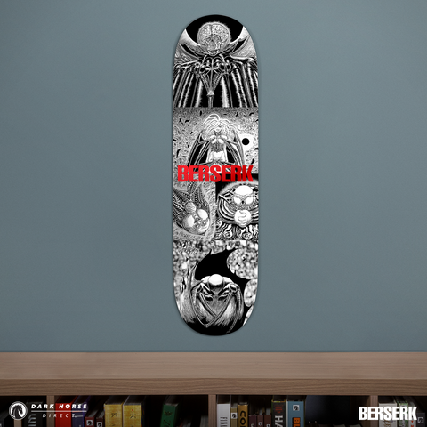 Skateboard deck with 'Berserk' red foil variant design on a gray wall