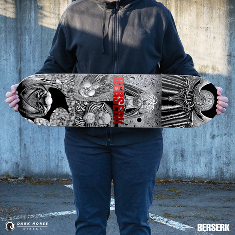 Person holding the red foil variant Berserk God Hand skateboard against a textured wall.