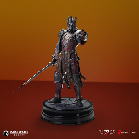 Helmed Eredin standing with bloody sword, pointed down, in right hand and left arm outstretched reaching. 
