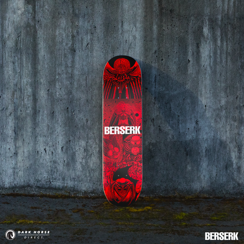 Standard variant red and black skateboard deck with 'Berserk' branding against a concrete wall.