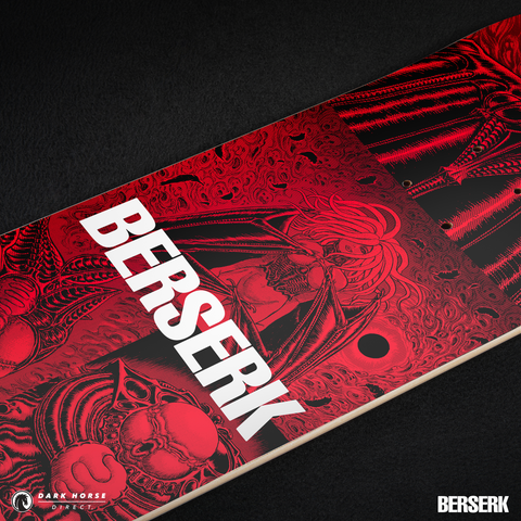 Closeup of standard variant red and black graphic design with 'Berserk' branding on a dark background