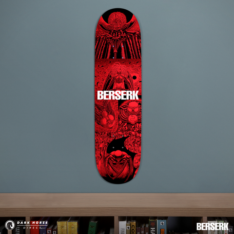 Standard variant red and black Berserk-themed skateboard deck on a gray wall