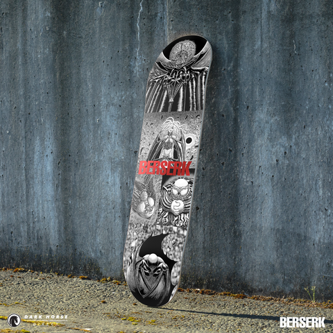 Red foil variant skateboard deck with 'Berserk' design against a textured wall
