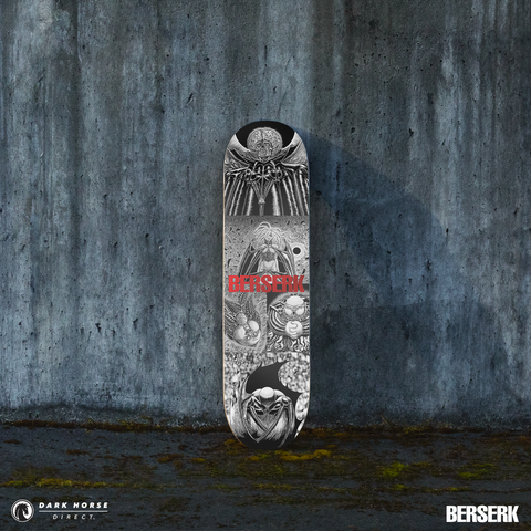 Red foil variant skateboard deck with Berserk design against a concrete wall