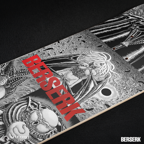 Closeup skateboard deck with 'Berserk' red foil variant design and text on a black background